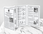 Two DIY editable MS Word, 4 page society leaflets with Afro Puff Cameo for a regency party in black and white, standing on a marble surface, showing the front and the inside
