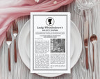 4 Page, black and white folded MS WORD Whistledown Society Scandal Leaflet with cameo, laying on a white plate with cutlery and gauzy pink cloth at the top