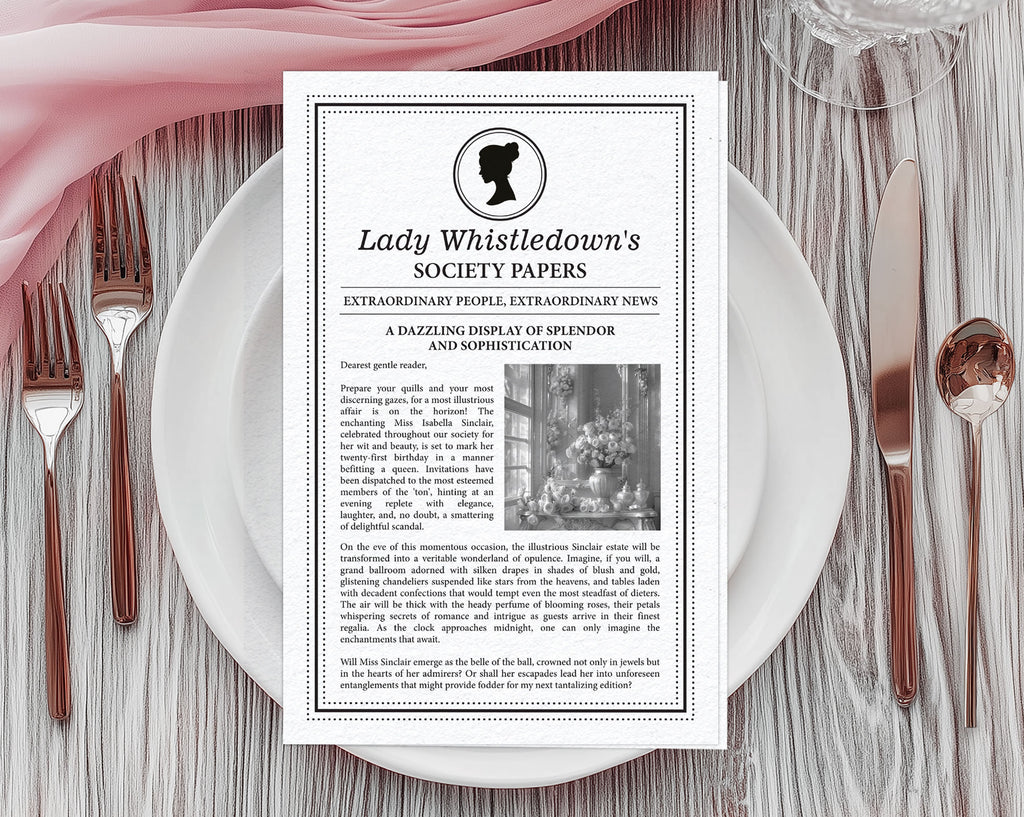 4 Page, black and white folded Corjl Whistledown Society Scandal Leaflet with cameo, laying on a white plate with cutlery and gauzy pink cloth at the top