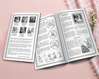 Two MS Word Whistledown styled leaflets in black and white, one open to show the inside and one closed showing the back laying on a pink surface next to a pink tablecloth
