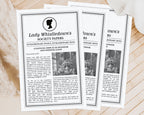 3 lady whistledown black and white MS Word leaflets, fanned out and laying on a wooden surface