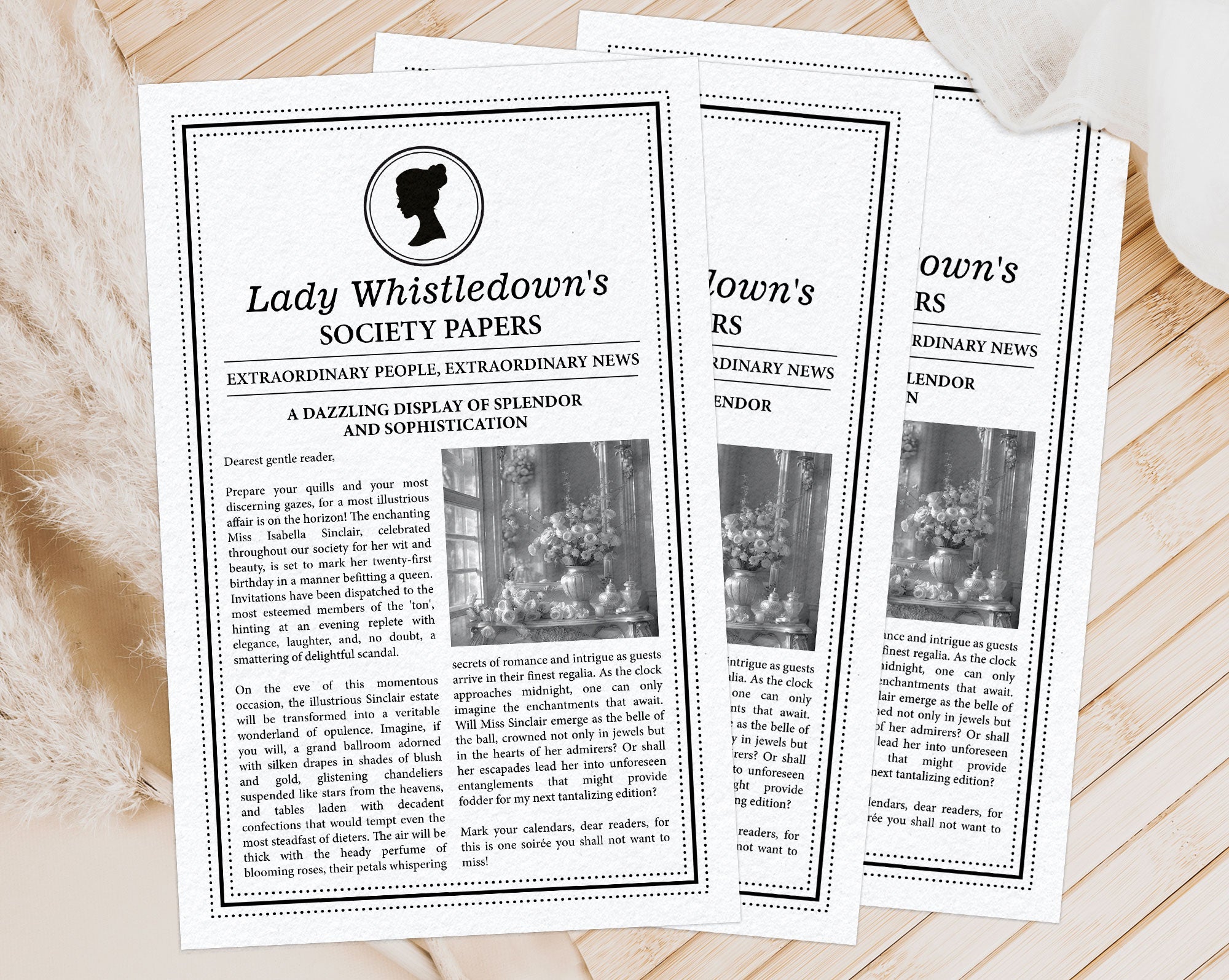3 lady whistledown black and white MS Word leaflets, fanned out and laying on a wooden surface