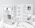 Two DIY editable MS Word, 4 page society leaflets for a regency party in black and white, standing on a marble surface, showing the front and the inside