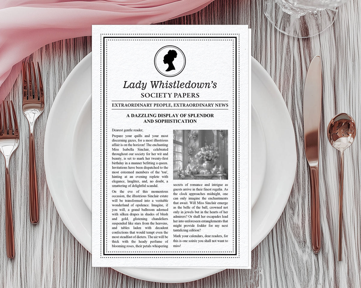 A printed vintage-style paper titled "Lady Whistledown's Society Papers" with Afro American cameo is laid flat on a white plate, surrounded by silverware and a pink napkin on a gray wood surface.