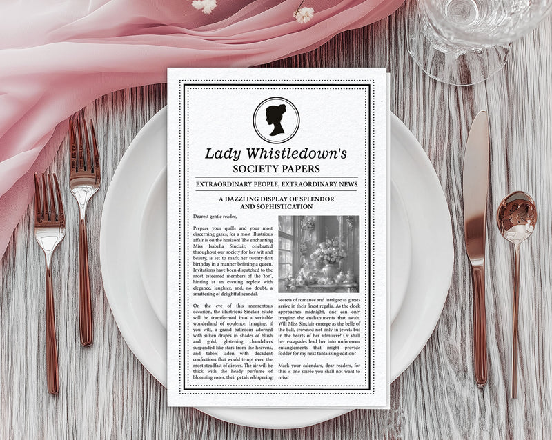 4 Page, black and white folded MS WORD Whistledown Society Scandal Leaflet with cameo, laying on a white plate with cutlery and gauzy pink cloth at the top