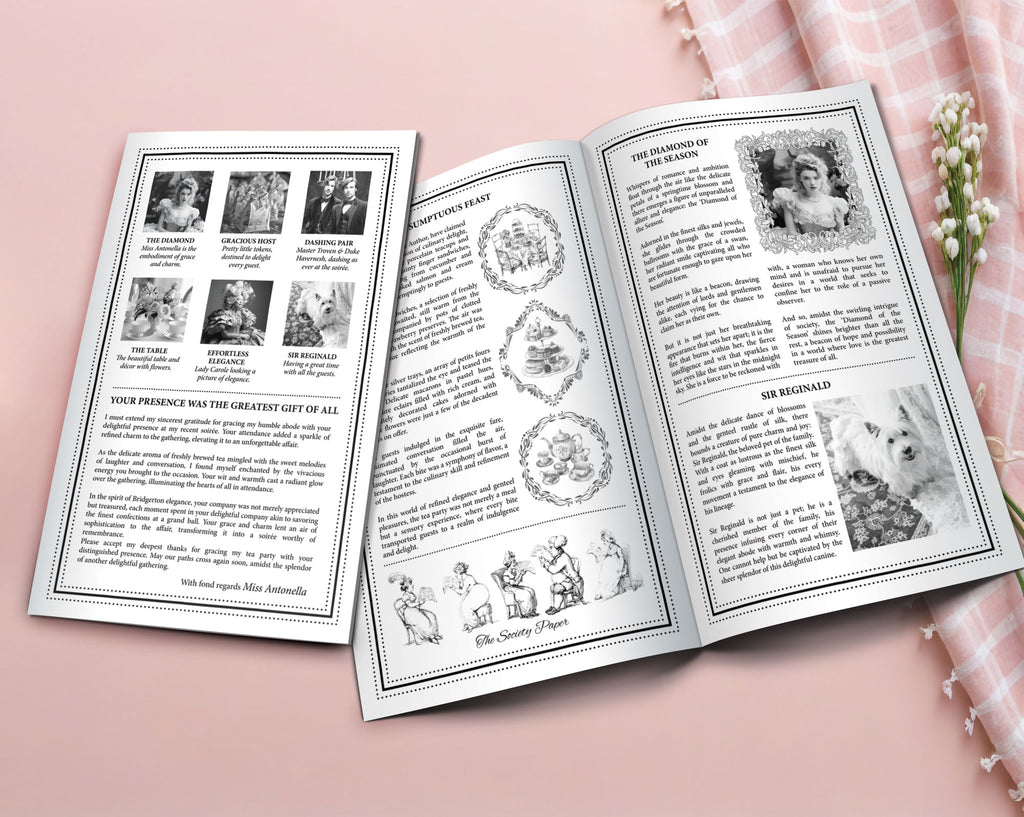 Two MS Word Whistledown styled leaflets with cameo in black and white, one open to show the inside and one closed showing the back laying on a pink surface next to a pink tablecloth