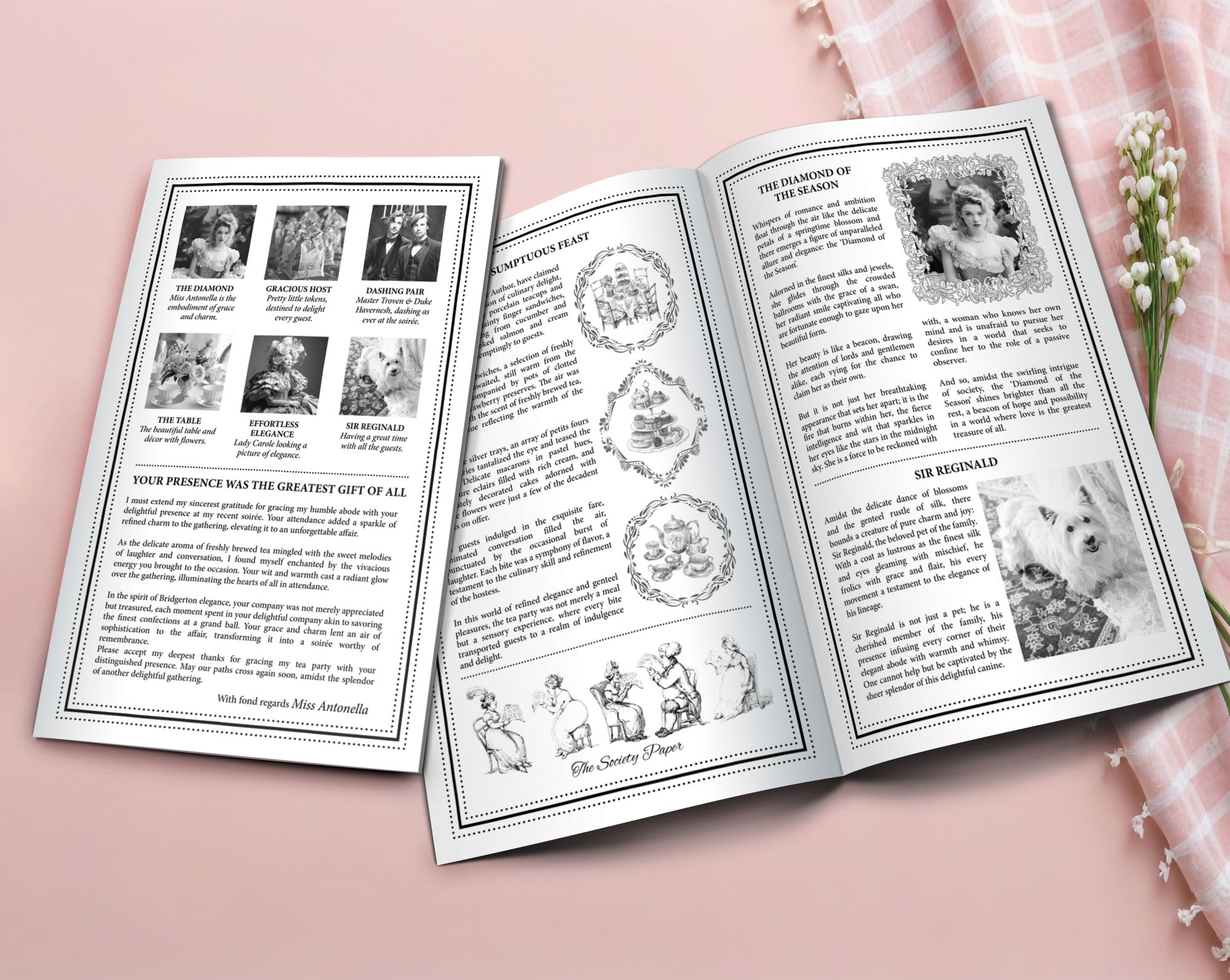 Two MS Word Whistledown styled leaflets with cameo in black and white, one open to show the inside and one closed showing the back laying on a pink surface next to a pink tablecloth