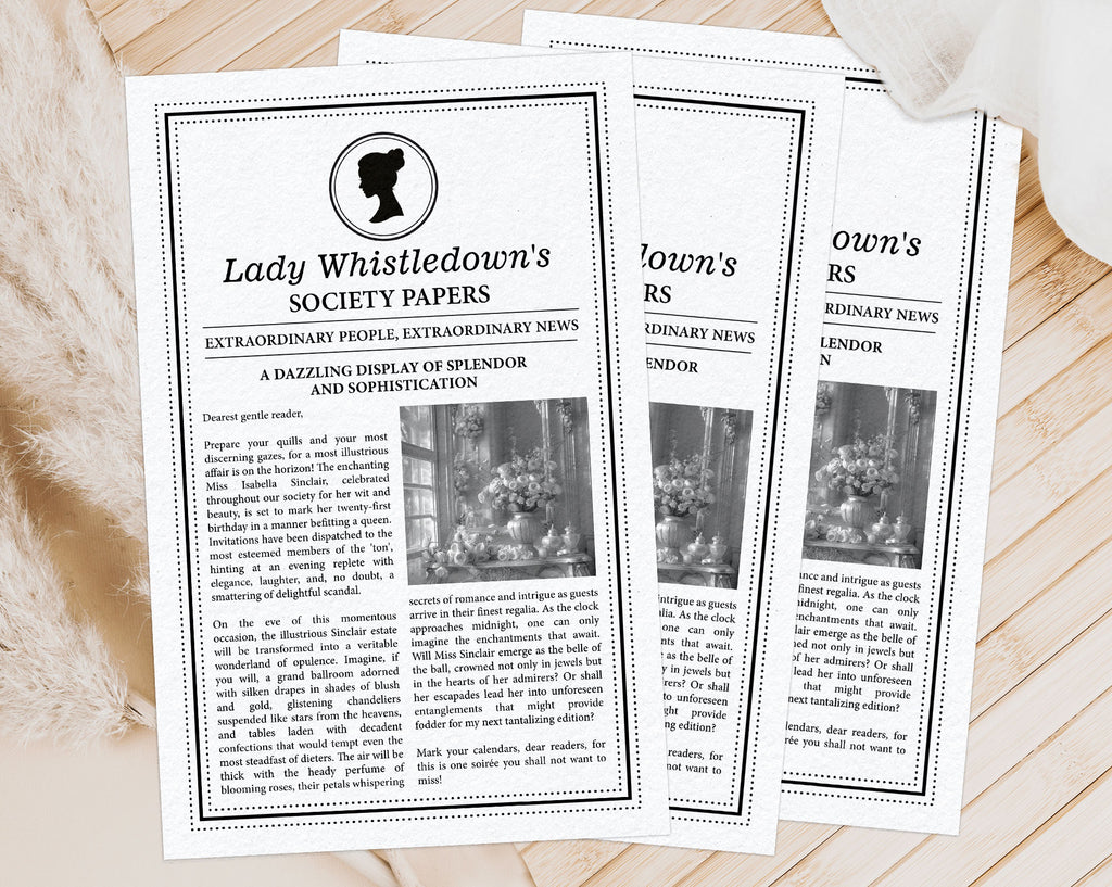3 lady whistledown black and white MS Word society leaflets with cameo, fanned out and laying on a wooden surface