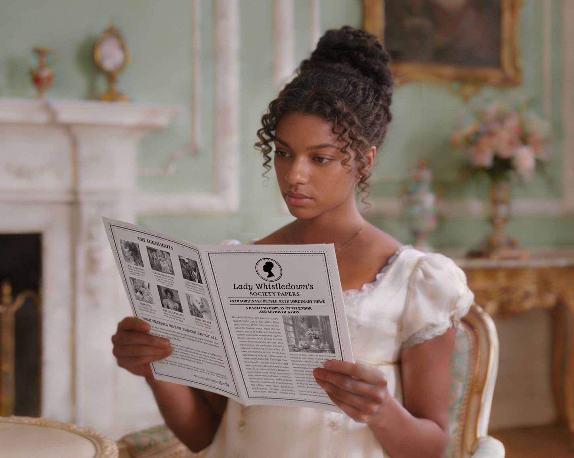 an african american regency lady reading the regency society papers in a regency style room