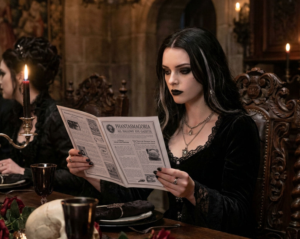 A woman in a dark gothic-style room holding a newspaper, wearing a black velvet dress with lace trim and layered necklaces, with candles and ornate furniture in the background.