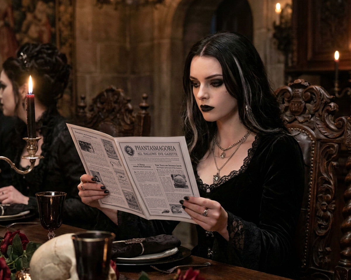 A woman in a dark gothic-style room holding a newspaper, wearing a black velvet dress with lace trim and layered necklaces, with candles and ornate furniture in the background.