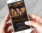 A close-up of a person holding a smartphone with a white phone case, displaying a Halloween-themed invitation design with three witch illustrations and gold script text on a black background.