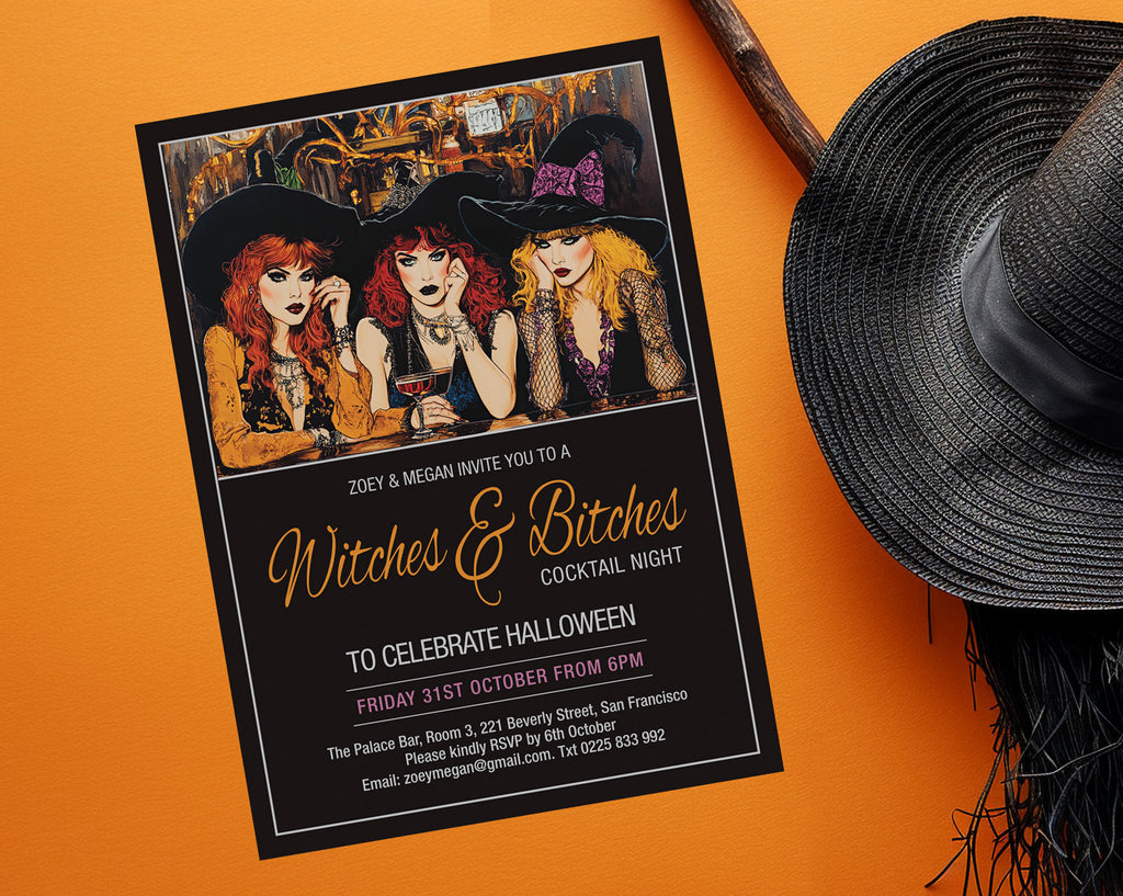 A Halloween-themed cocktail night invitation card is displayed on a bright orange background next to a black straw hat and a wooden stick. The invitation features an illustration of three women in witch hats and a black background with gold and pink text.
