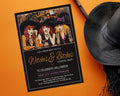 A Halloween-themed cocktail night invitation card is displayed on a bright orange background next to a black straw hat and a wooden stick. The invitation features an illustration of three women in witch hats and a black background with gold and pink text.