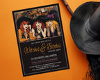 A Halloween-themed cocktail night invitation card is displayed on a bright orange background next to a black straw hat and a wooden stick. The invitation features an illustration of three women in witch hats and a black background with gold and pink text.