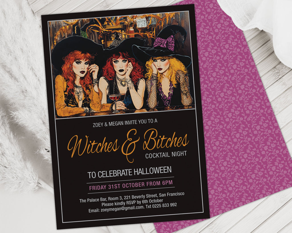 A Halloween cocktail night invitation card styled flat on a white wood surface with a white faux fur throw and a purple patterned envelope. The invitation features an illustration of three witches with red hair and black hats at the top, with gold and white text on a black background.