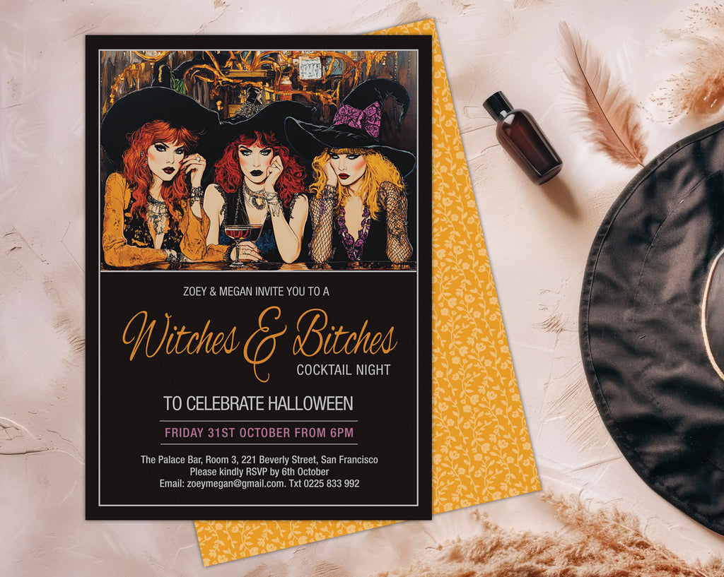 A Halloween cocktail night invitation card styled in a flat lay with a black witch hat, a feather, and a small bottle on a beige textured background.