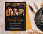 A Halloween cocktail night invitation card styled in a flat lay with a black witch hat, a feather, and a small bottle on a beige textured background.