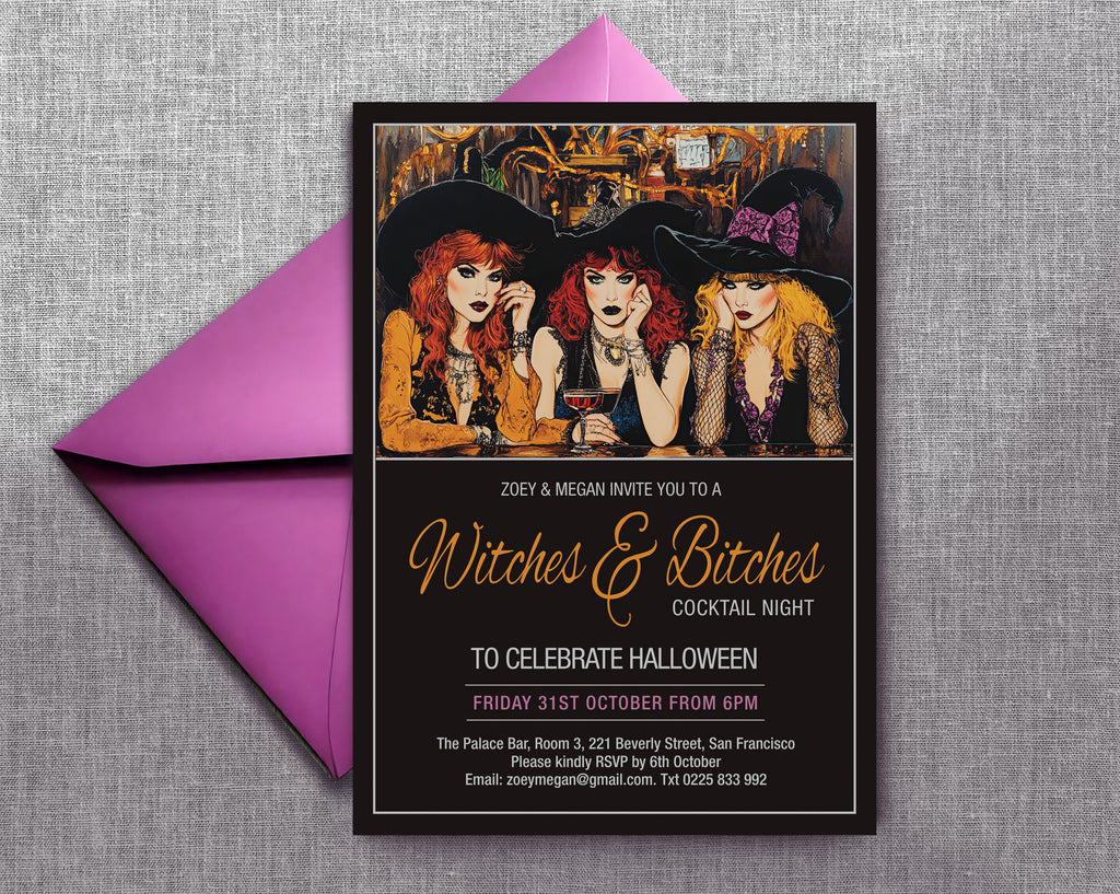 A Halloween-themed cocktail night invitation card with a black frame, featuring an illustration of three women in witch hats and gold script text, displayed in front of a bright pink envelope on a gray textured background.