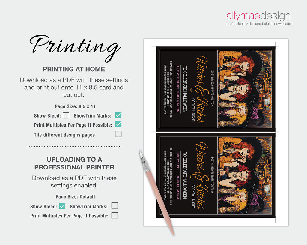 A digital printable wedding invitation template preview with instructions on how to print and upload it. The design features a black background with gold script text reading 'William & Bella' and illustrations of two women in vintage dresses.