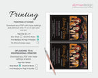 A digital printable wedding invitation template preview with instructions on how to print and upload it. The design features a black background with gold script text reading 'William & Bella' and illustrations of two women in vintage dresses.