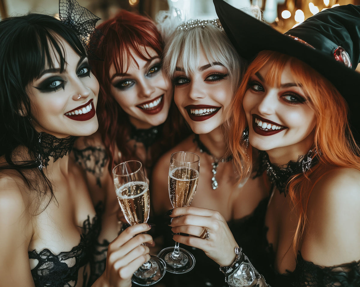 Four women in Halloween costumes posing closely together and holding champagne flutes. Two wear black witch hats and black lace outfits, and two have red and platinum blonde hair with dark makeup.