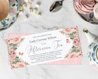 Gift voucher for an afternoon tea with floral design on a marble surface with tea set items.