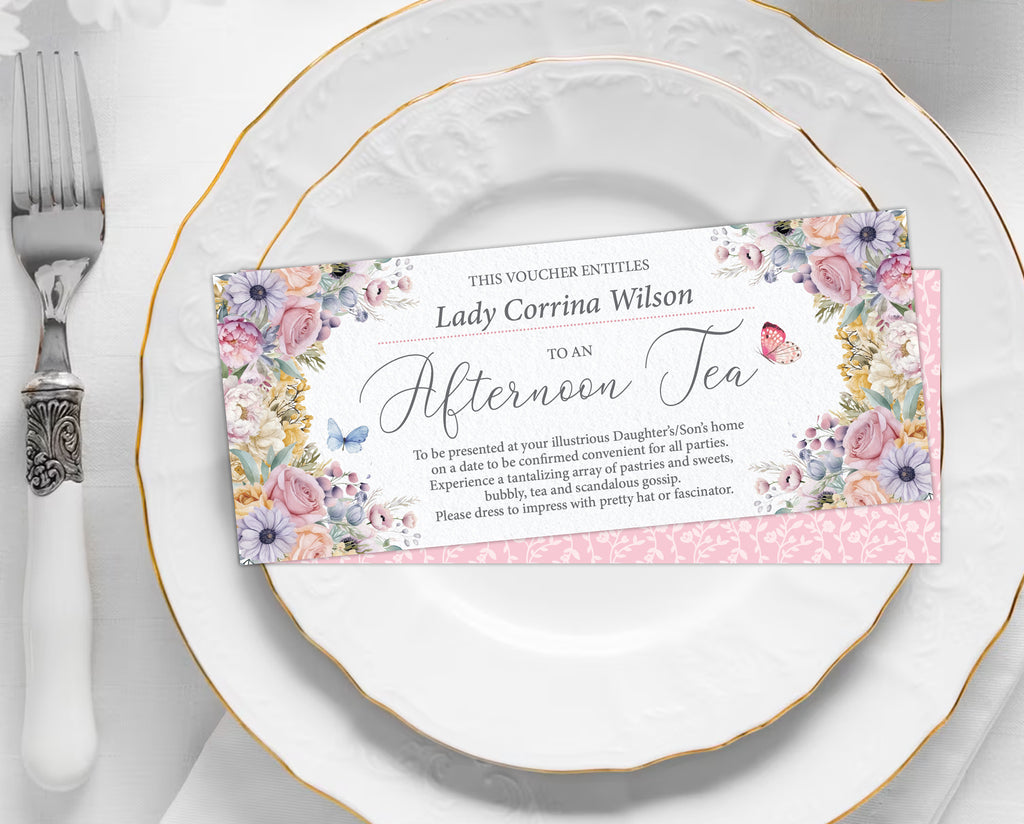 front and back of a pastel Floral voucher on a white plate with silverware