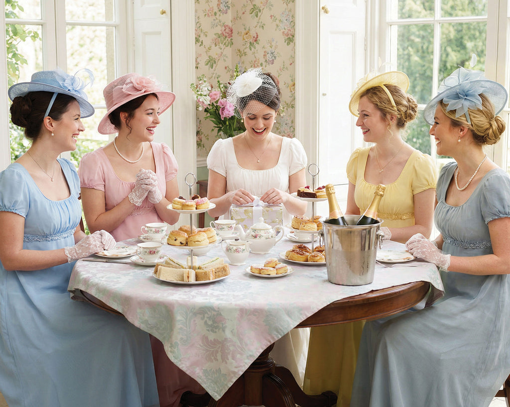 ladies dressed in pastel colored regency style dresses, hats, fascinators and gloves sitting at a tea table with food and a silver bucket with champagne