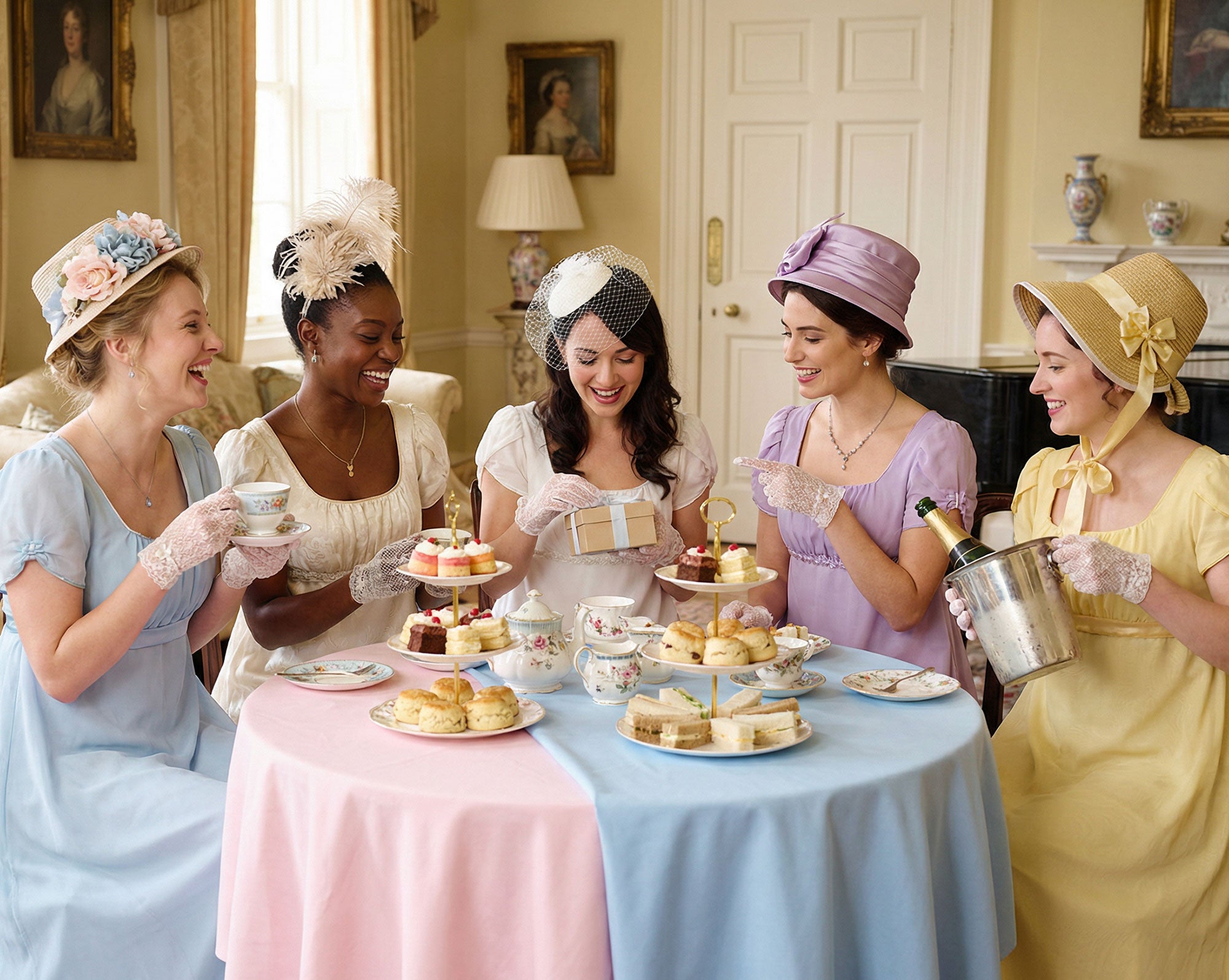 elegant ladies dressed in pretty dresses, gloves, fascinators and hats at a Bridal Shower, sitting around a table with champagne