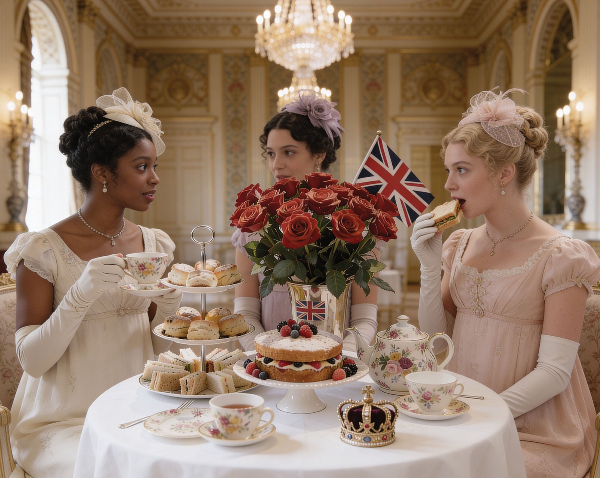 Three women in regency dress enjoying a tea party in an opulent room with British flags, crown and a cake.