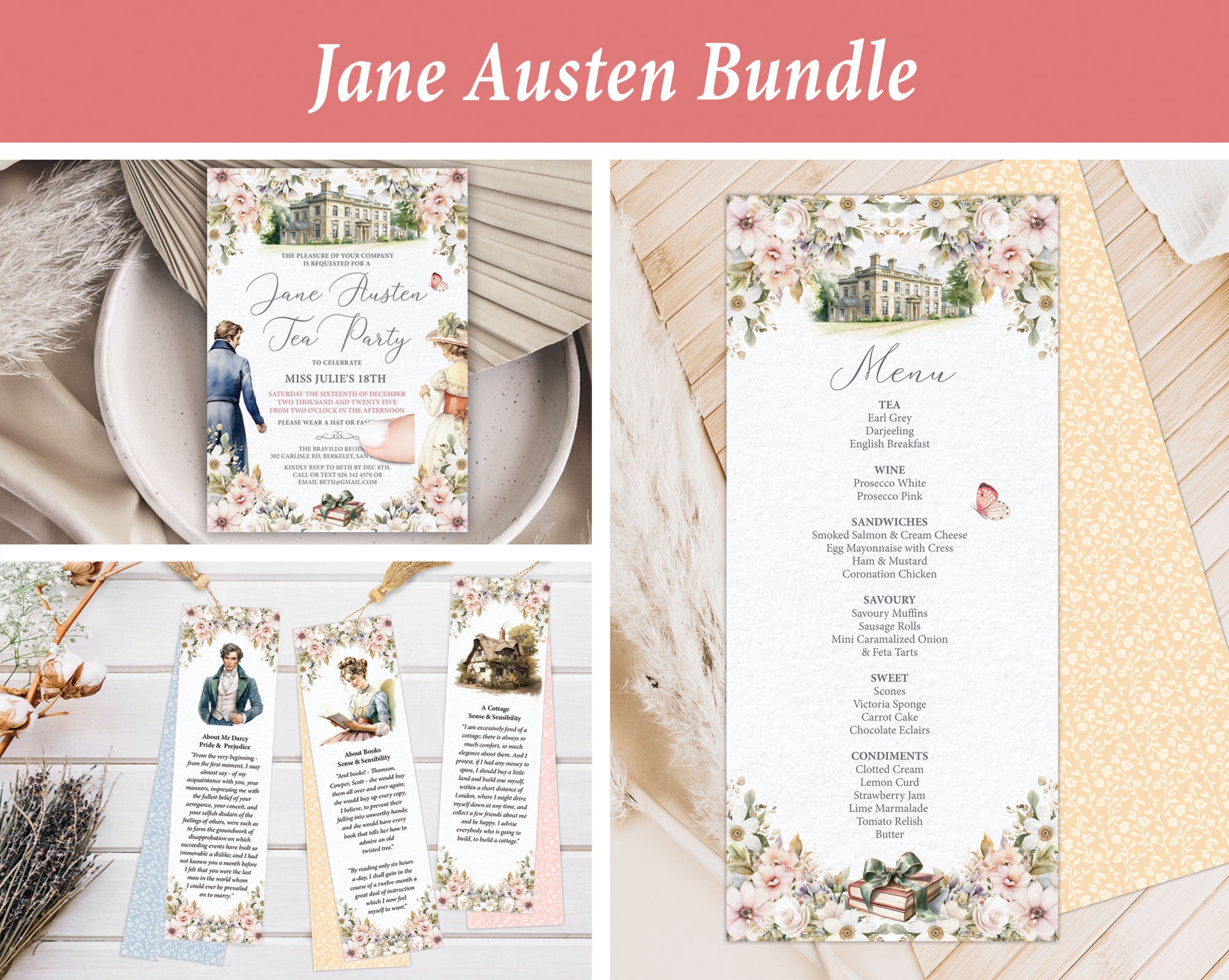 Jane Austen-themed party bundle with invitations, menu, and bookmarks on a wooden surface.