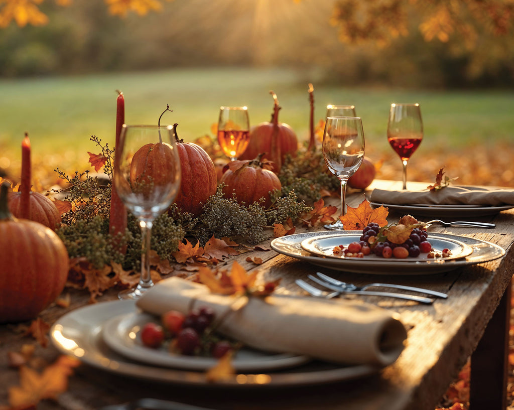 An outdoor autumn tablescape with a rustic wooden table set for dining, decorated with pumpkins, fall leaves, candles, and grapevines, with wine glasses and plates in warm golden sunlight.