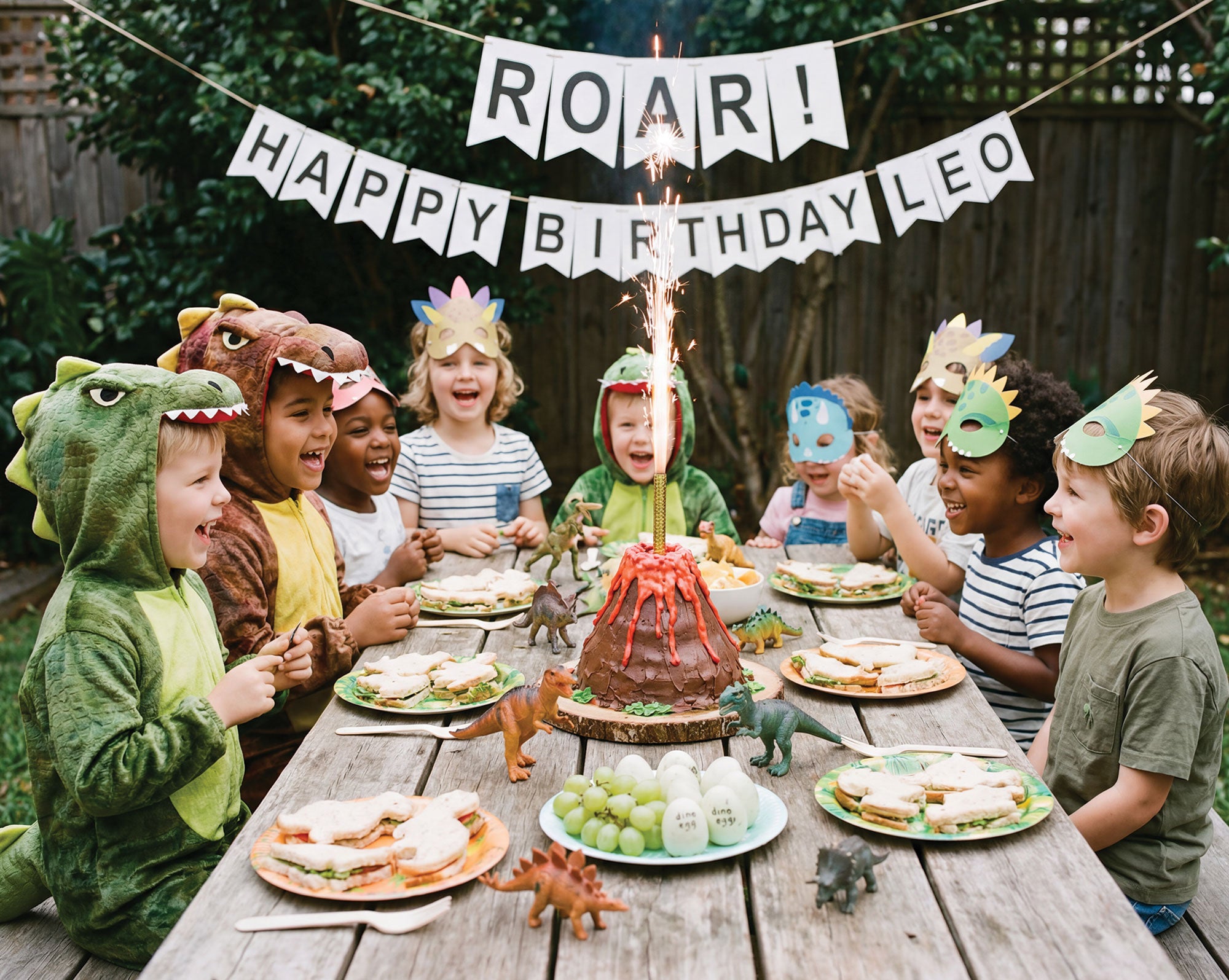kids in dinosaur masks and fancy dress, sitting at a wooden table outside, with party sandwiches and a volcano cake with happy birthday bunting in the background