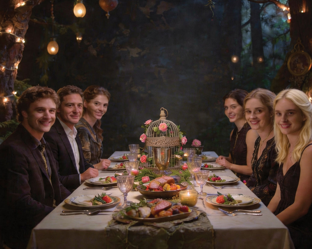 a photo of 6 couples at a long white table with food and pretty birdcage in a forest setting at night with fairy lights