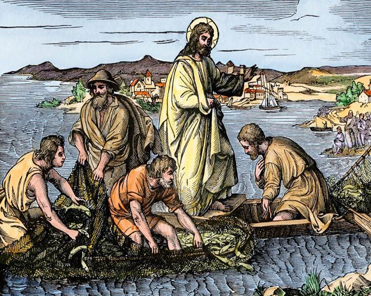 A vintage religious illustration depicting Fishers of men with Jesus in a fishing boat, surrounded by fishermen who cast their nets into the sea, with a coastal village in the background.