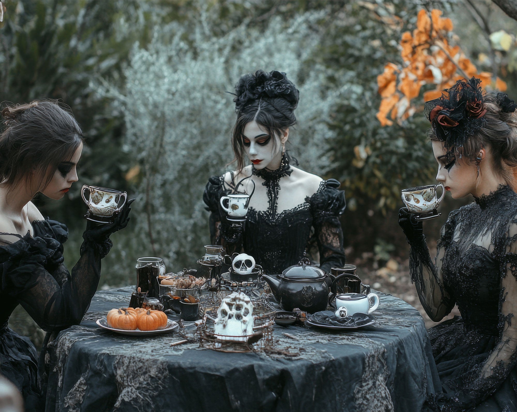 Three women in gothic black lace dresses sit around a table outdoors, holding teacups in a moody, Halloween-themed lifestyle setting with skulls and pumpkins on the tablecloth.