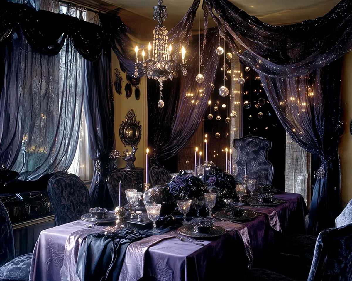 A gothic-style dining room decorated with dark purple and black drapes, a crystal chandelier, and a long table set with purple tablecloths, black napkins, and lit taper candles.