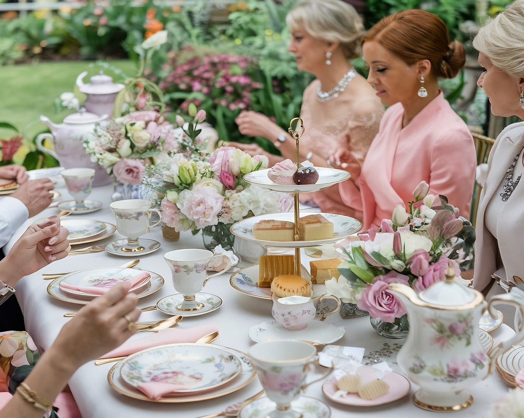 Pretty tea party table with people