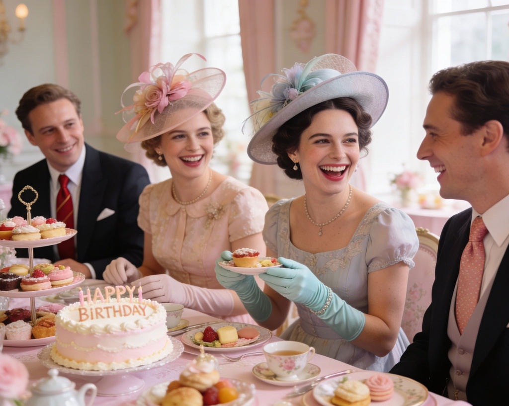 Group of people celebrating a birthday with cake and tea at a formal event.