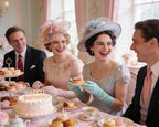 Group of people celebrating a birthday with cake and tea at a formal event.