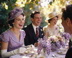 A vintage-style outdoor tea gathering with three elegantly dressed people laughing around a table decorated with purple wisteria flowers and teacups. The woman on the left wears a lavender hat and matching lavender dress, while the man in the center wears a dark suit.
