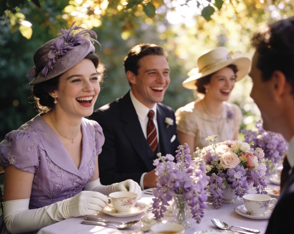 A vintage-style outdoor tea gathering with three elegantly dressed people laughing around a table decorated with purple wisteria flowers and teacups. The woman on the left wears a lavender hat and matching lavender dress, while the man in the center wears a dark suit.