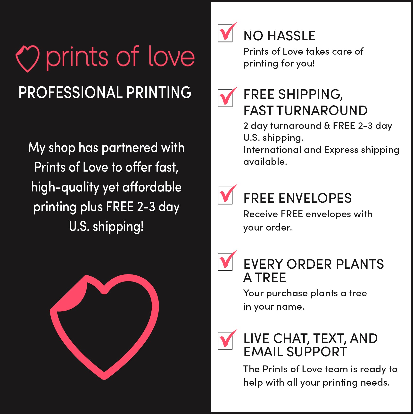 Advertisement for Prints of Love professional printing services with a heart logo on a black background.