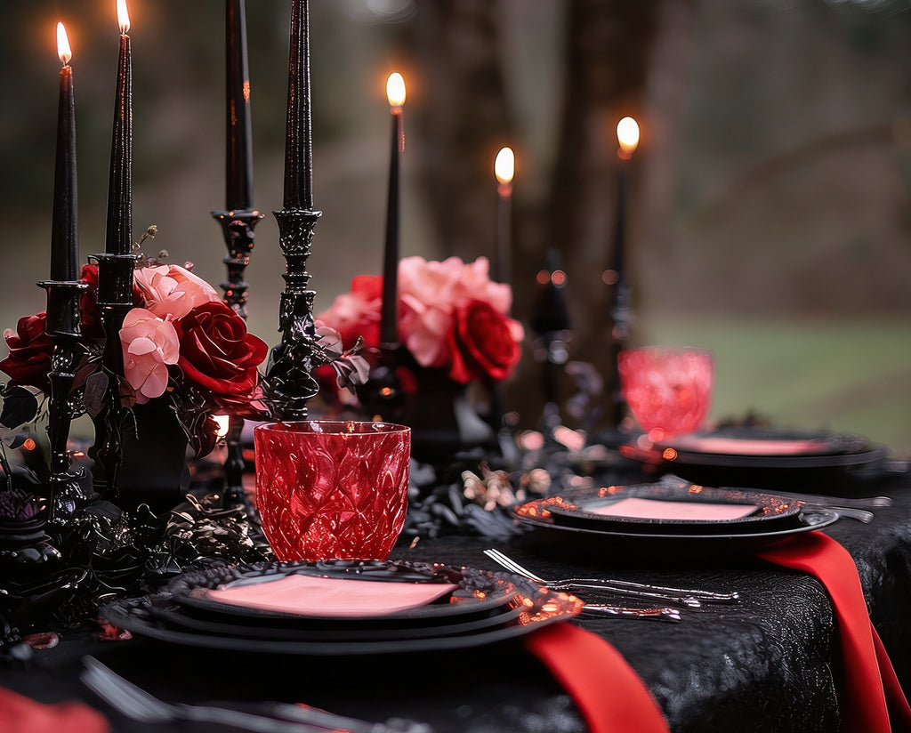 a black, red and blush pink lifestyle gothic table setting with flowers, black tablecloth and candles, with red drinking glasses