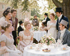 Ladies and gentleman at a regency /victorian style tea party outside a mansion, dressed in pretty dresses and formal attire with a tea party table with food in the foreground