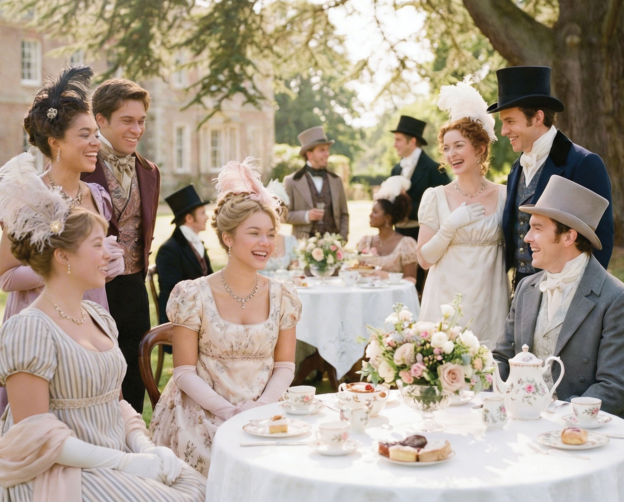 Ladies and gentleman at a regency /victorian style tea party outside a mansion, dressed in pretty dresses and formal attire with a tea party table with food in the foreground
