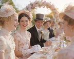 Pretty ladies and elegant gentlemen dressed in regency formal dress, outside at a tea party table with a flower arch in the background lifestyle pic