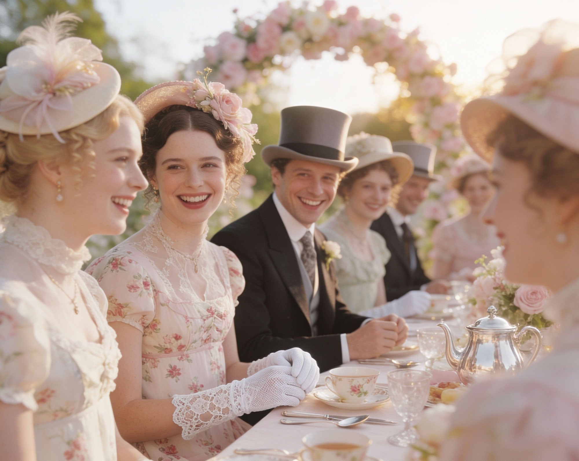 Pretty ladies and elegant gentlemen dressed in regency formal dress, outside at a tea party table with a flower arch in the background lifestyle pic