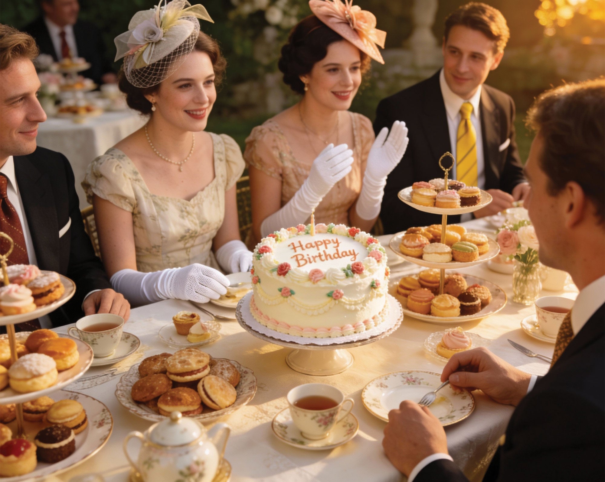 Vintage-style birthday celebration with people in formal attire around a table with a birthday cake and tea.